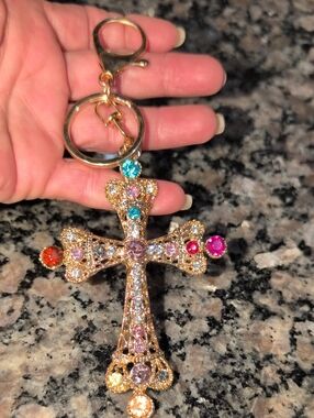 Gold-Tone Multicolor Crystal Cross Keychain - Women's Bag Charm